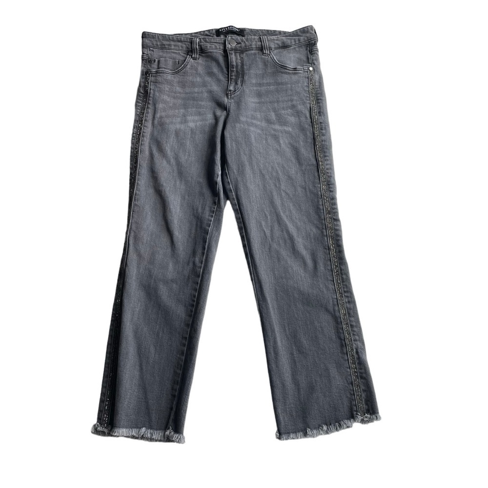 Liverpool Crop Straight Jean Ankle denim Gray Size 10 Bling Side Stripe Fray hem